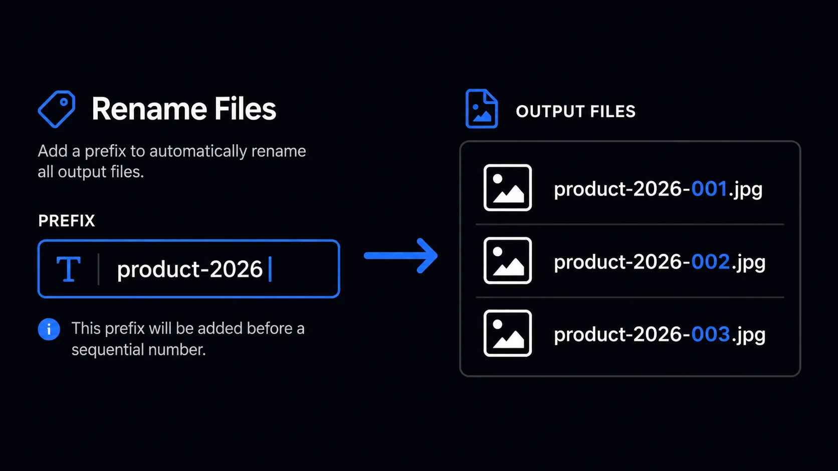 Batch file renaming feature: prefix-001, prefix-002 sequential naming