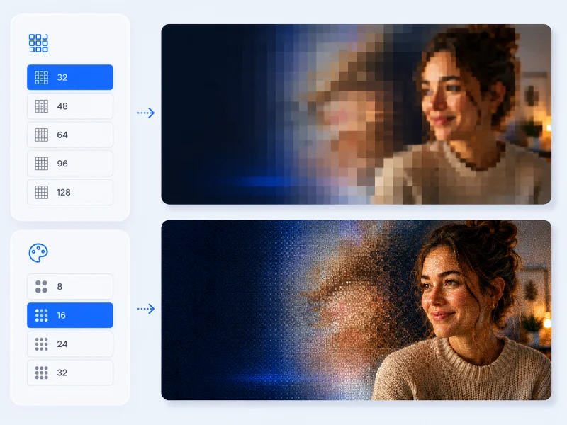PixelForge pixel resolution and colour count controls