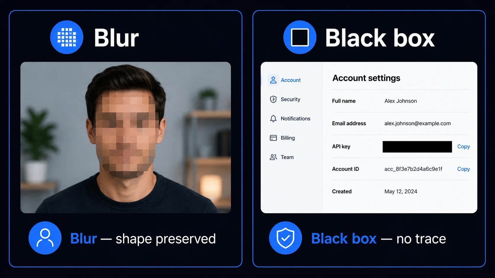 Blur vs Black Box comparison: pixelation effect vs solid black rectangle