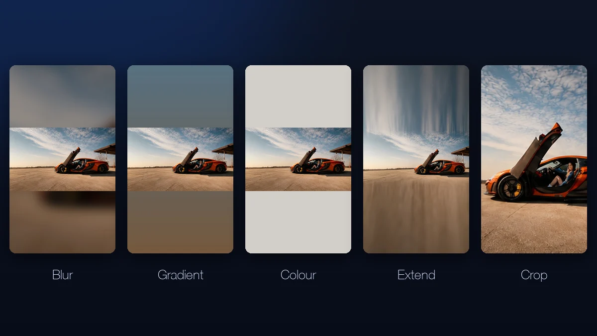 Scenelyx background styles — blur, gradient, colour, extend and crop side by side
