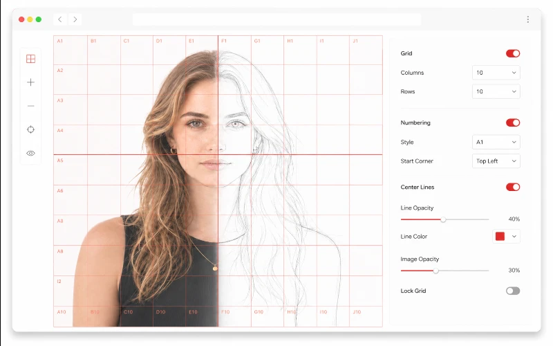 Numbered grid cells with A1 labels, center cross, mirror and faint underlay options